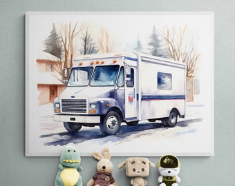 Mail Truck Art, Watercolor Mail Truck Print, Vehicle Art for Kids, Printable Instant Download Transportation Art, Mail Art, Mail Trucks