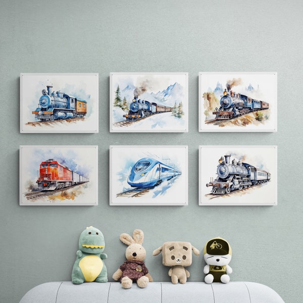 Ensemble de 6 impressions de train, pépinière de train, décor de transport, décor de chambre de garçons, décor de pépinière de voyage, peinture à l’aquarelle, décor de chambre de garçons