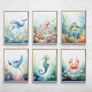 Impresiones de vivero bajo el mar, conjunto de 6, vivero con temática oceánica, arte de pared de animales marinos, carteles de animales náuticos del océano, impresiones de habitaciones Ocean Boy