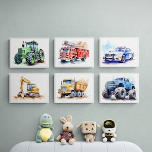 Set of 6 Vehicle Prints, Construction Wall Art, Transportation Print Nursery, Kids Gallery Wall Set, Truck Wall Art, Nursery Truck Prints