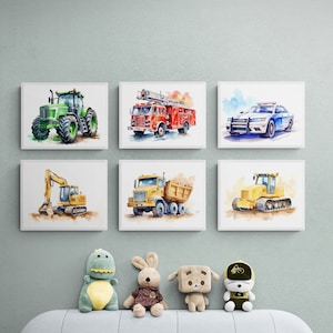 Set of 6 Nursery Truck Prints, Construction Wall Art, Transportation Print Nursery, Kids Gallery Wall Set, Truck Wall Art, Vehicle Prints