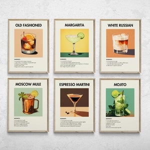 Cocktail Poster-Drucke, druckbares Set von 6, Getränkedrucke, Barwagendrucke, klassische Cocktailwandkunst, Alkoholdrucke, Getränkeposter