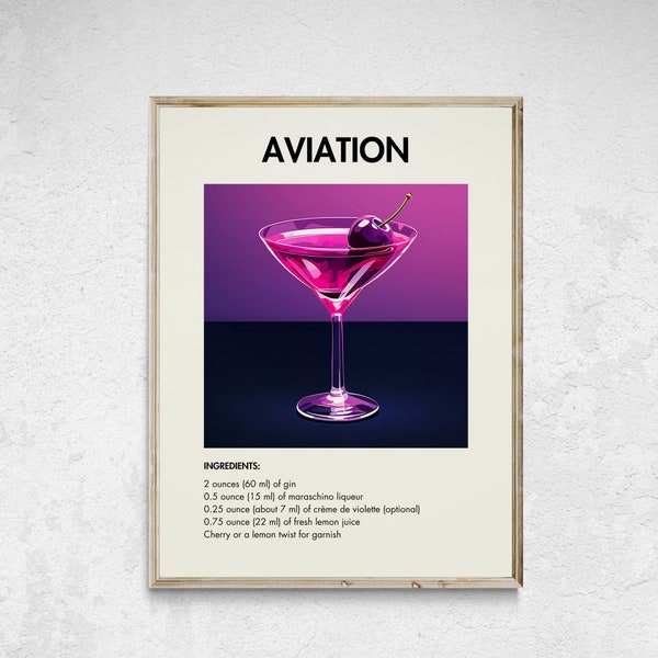 Aviation Cocktail Art Print, Bar Cart Wall Decor, Printable Alcohol Wall Art, Cocktail Gin Lovers Gift, Classic Cocktail Wall Art, Home Bar