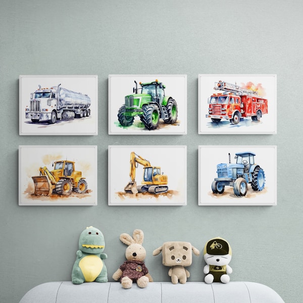 Set of 6 Vehicle Prints, Transportation Print Nursery, Boy Room Decor, Kids Room Wall Art, Truck Wall Art, Nursery Truck Prints, Watercolor