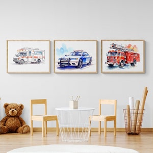 緊急車両プリント 3 枚セット、緊急用印刷物、交通保育園、子供用ギャラリー ウォール セット、トラック ウォール アート、車両プリント セット