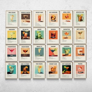 Juego de 24 impresiones de pared de galería, impresiones de cócteles retro, arte de pared de cócteles, arte de pared minimalista, impresiones de carritos de bar, impresiones de alcohol, arte de pared de moda