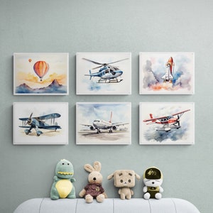 Set of 6 Aviation Prints, Printable Aircraft, Toddler Playroom Poster, Boys Room Wall Art, Airplane Nursery, Watercolor Airplane Prints