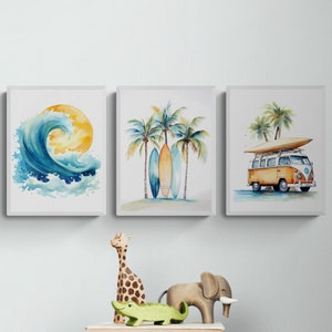 Chambre à thème plage, ensemble de 3 estampes, pépinière sur le thème de l’océan, pépinière côtière, Beach Dude, salle de surf, décor de pépinière de surf, imprimable côtier