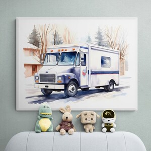 Art du camion postal, impression aquarelle de camion postal, art du véhicule pour les enfants, art du transport imprimable en téléchargement immédiat, art postal, camions postaux