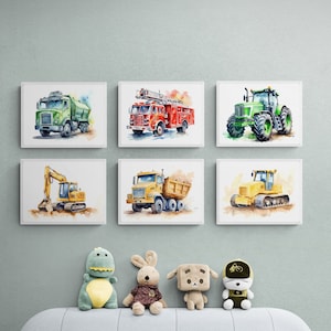 Set of 6 Vehicle Prints, Construction Wall Art, Transportation Print Nursery, Kids Gallery Wall Set, Truck Wall Art, Nursery Truck Prints