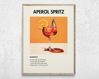 Lámina decorativa retro de cóctel Aperol Spritz, arte para carrito de bar (descarga digital)