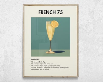 French 75 Retro Cocktail Print, Cocktail Poster, Minimalist Classic Cocktails, Bar Prints, Alcohol Print, Bar Cart Art, Alcohol Poster