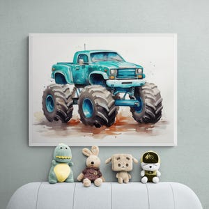 Turquoise Monster Truck, Car Printable, Car Poster, Automotive Wall Art, Vehicle Prints, Boys Room Wall Art, Kids Room Decor, Watercolor Art