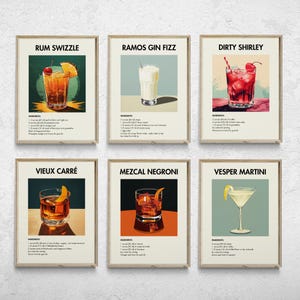 Set of 6 Printable Cocktail Posters, Classic Cocktail Wall Art, Retro Cocktail Print, Minimalist Alcohol Prints, Bar Cart Art, Bar Prints