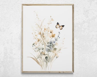 May include: A watercolor painting of a bouquet of flowers in shades of brown, beige, and blue with a single butterfly flying above the flowers.