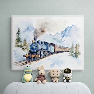 Impresión de tren Polar Express, arte de la pared del tren, pintura de acuarela, cartel del tren, decoración del transporte, decoración de la habitación de los niños, decoración de la guardería de viajes