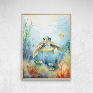 May include: A watercolour painting of a sea turtle swimming in the ocean. The turtle is surrounded by coral reefs and colourful fish. The painting is done in a realistic style and features vibrant colours.