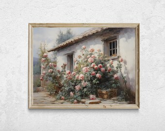 Pintura al óleo de un jardín de rosas en una cabaña, impresión vintage en tonos apagados (descarga digital)