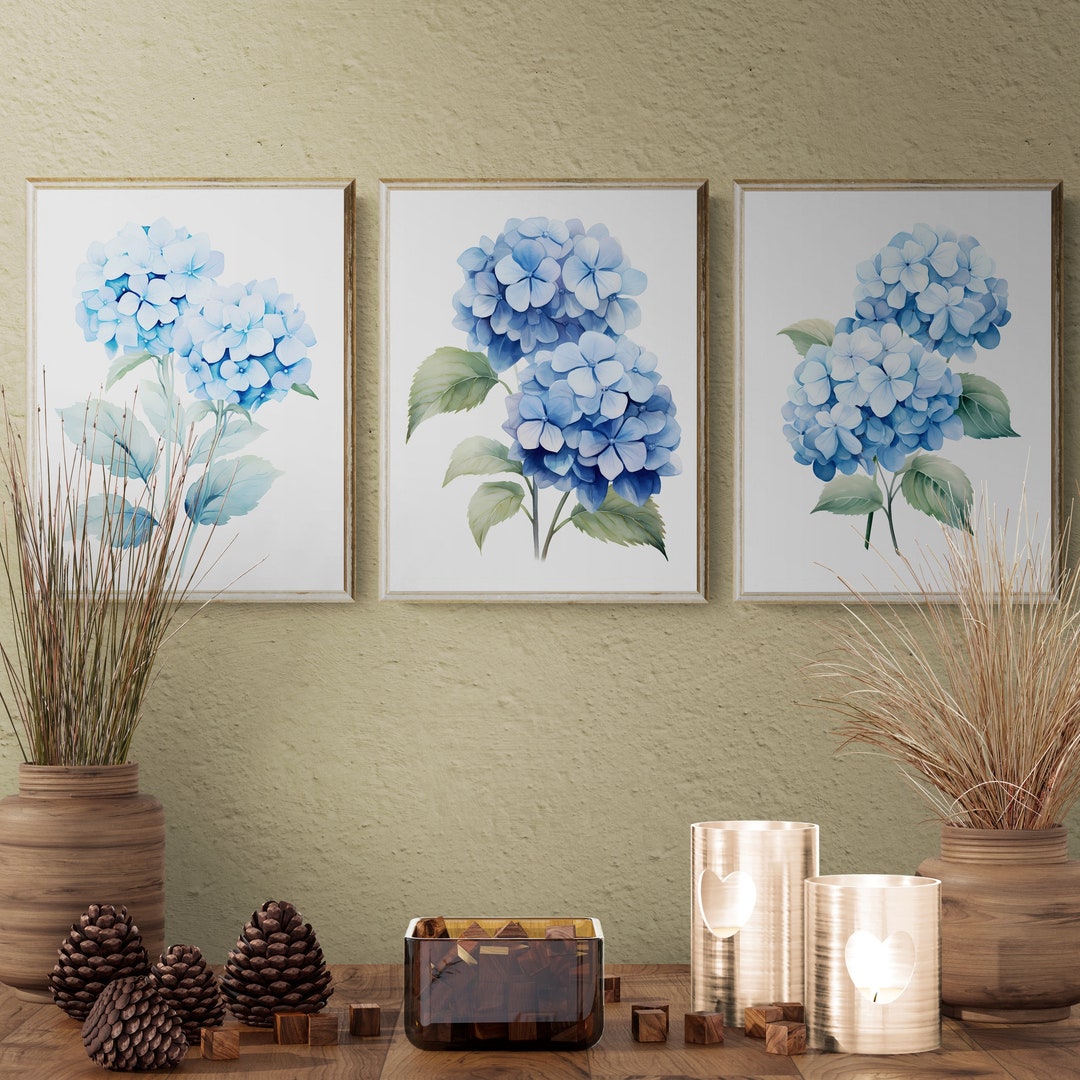 Blue Hydrangea Prints, Set of 3, Blue Hydrangea Wall Art, Minimalist