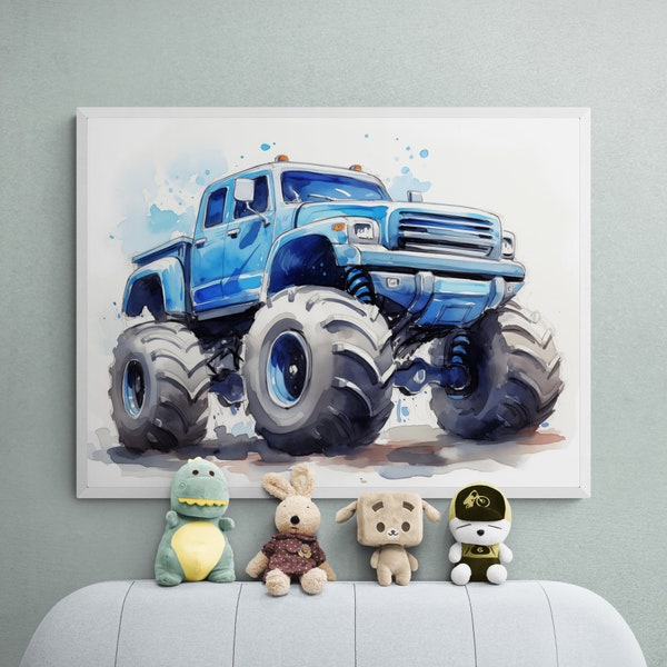 Blue Monster Truck, Car Printable, Car Poster, Automotive Wall Art, Vehicle Prints, Boys Room Wall Art, Kids Room Decor, Watercolor Art