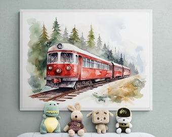 Vintage Train Watercolor Print, Boys Room Decor (Digital Download)