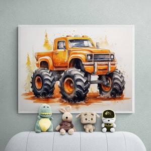 Orange Monster Truck, Car Printable, Car Poster, Automotive Wall Art, Vehicle Prints, Boys Room Wall Art, Kids Room Decor, Watercolor Art