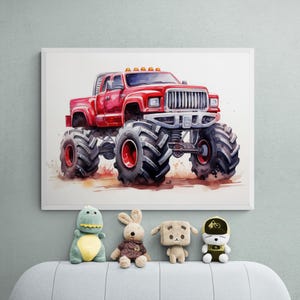 Red Monster Truck Printable, Boys Car Print, Automotive Wall Art, Vehicle Prints, Boys Room Wall Art, Kids Room Decor, Transportation Print