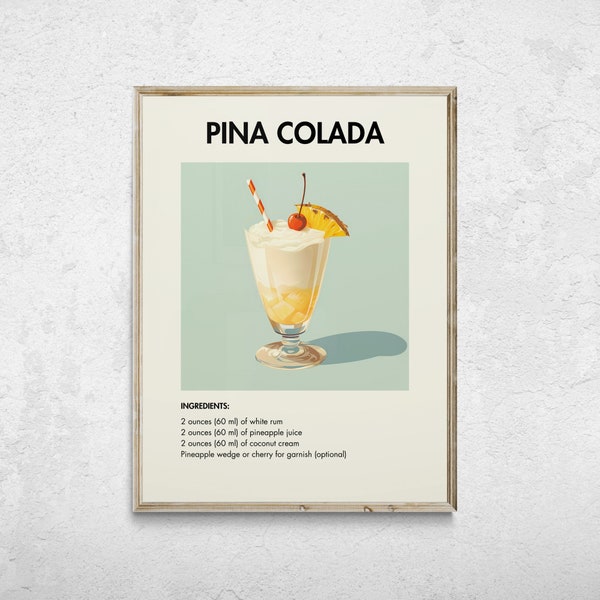 Pina Colada Print, Retro Cocktail Print, Retro Cocktail Wall Art, Bar Cart Art, Pina Colada Poster, Bar Cocktail Poster, Cocktail Art