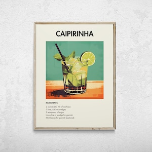 Caipirinha Retro Cocktail Print, Cocktail Wall Art, Minimalist Classic Cocktails, Bar Cart Prints, Alcohol Print, Bar Cart Art, Drink Prints