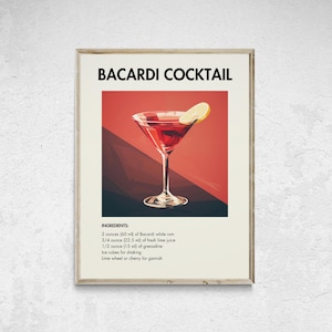 Cóctel Bacardi imprimible, póster de cóctel Bacardi, impresión de cóctel Bacardi, arte de pared de cóctel, decoración de pared de cóctel, decoración de carrito de bar