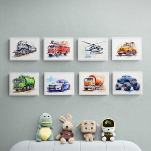 Set of 8 Vehicle Prints, Transportation Theme Nursery, Boy Room Decor, Kid Room Wall Art, Truck Wall Art, Nursery Truck Prints, Train Prints