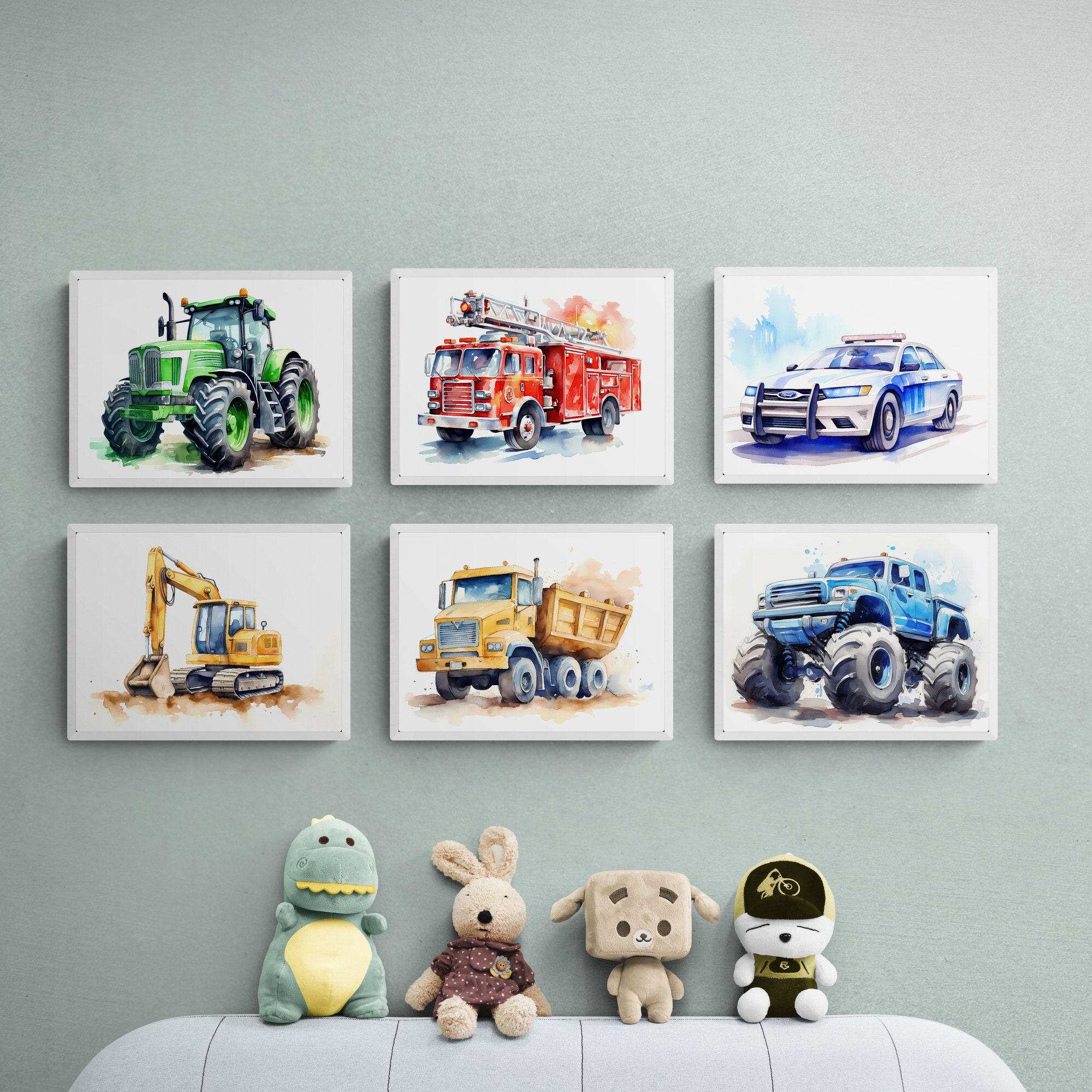 Set of 6 Vehicle Prints, Construction Wall Art, Transportation Print Nursery, Kids Gallery Wall Set, Truck Wall Art, Nursery Truck Prints