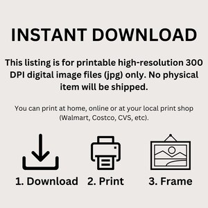 Op de afbeelding: Direct download-afbeelding met drie stappen: downloaden, afdrukken en inlijsten. De afbeelding bevat een downloadpictogram, een printerpictogram en een fotolijstpictogram.