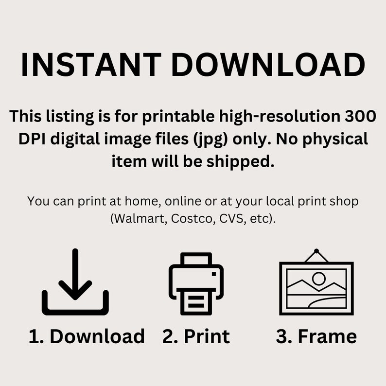 Op de afbeelding: Direct download-afbeelding met drie stappen: downloaden, afdrukken en inlijsten. De afbeelding bevat een downloadpictogram, een printerpictogram en een fotolijstpictogram.