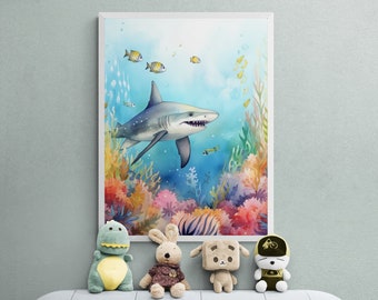 Watercolor Shark Nursery Print, Ocean Animal Wall Art (Digital Download)