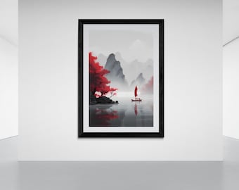 Pode incluir: Uma impressão emoldurada de uma pintura de paisagem minimalista com uma árvore vermelha e um barco em um lago. As montanhas no fundo são cinzas e a água é azul claro. A pintura é emoldurada em preto.