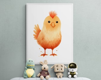 Lámina infantil de pollo en acuarela, decoración de animales de granja (descarga digital)
