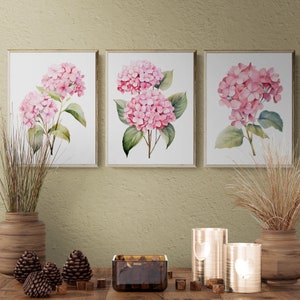 Rosa Aquarell Hortensie Drucke, 3er Set, minimalistische bunte Wanddekor, Hortensie Wandkunst, botanische Wandkunst, druckbare Blumendrucke