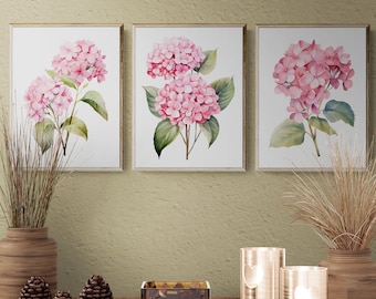 Pink Hydrangea Watercolor Prints, Set of 3 (Digital Download)