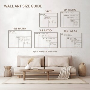 May include: A wall art size guide with different ratios and measurements in inches and centimeters. The guide shows the dimensions of various sizes of wall art, including 4:3, 3:2, 5:4, and ISO A1-A4. The guide also includes a sofa that is 90 inches wide.