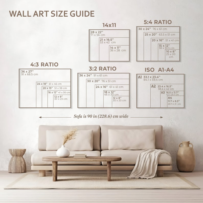 May include: A wall art size guide with different ratios and measurements in inches and centimeters. The guide shows the dimensions of various sizes of wall art, including 4:3, 3:2, 5:4, and ISO A1-A4. The guide also includes a sofa that is 90 inches wide.