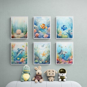 Set von 6, Ozean-Kindergarten-Drucke, Unter dem Meer-Kindergarten-Drucke, Ozean-Themen-Kinderzimmer, Meerestier-Wand-Kunst, Nautische Ozean-Tier-Poster