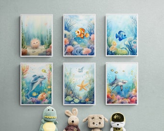 Ocean Nursery Prints, Sea Animal Watercolor Art (Set of 6) (Digital Download)