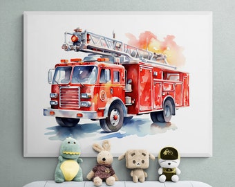 May include: A watercolor painting of a red fire truck with a ladder, a green dinosaur plush toy, a brown bunny plush toy, a brown bear plush toy, and a blue and white plush toy wearing a cap. The fire truck is on a white background with a watercolor wash of red and orange.