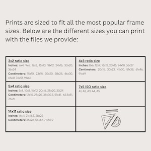 May include: A chart showing different print sizes in inches and centimeters for various aspect ratios, including 3x2, 5x4, 4x3, 7x5 ISO, and 14x11. The chart also includes a diagram of a protractor and ruler.