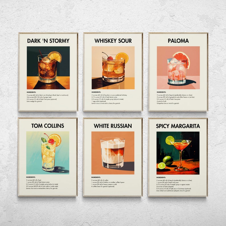 Gallery Wall Set of 24, Retro Cocktail Prints, Cocktail Wall Art, Minimalist Wall Art, Bar Cart Prints, Alcohol Prints, Trendy Wall Art