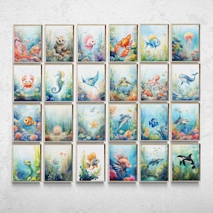 Under the Sea Nursery Prints, Set of 24, Ocean Themed Nursery, Sea Animal Wall Art, Nautical Ocean Animal Posters, Ocean Boy Room Prints