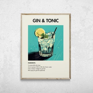 Gin & Tonic Cocktail Print, Minimalist Classic Cocktail, Cocktail Wall Art, Drink Prints, Cocktail Art, Bar Cart Print, Alcohol Print