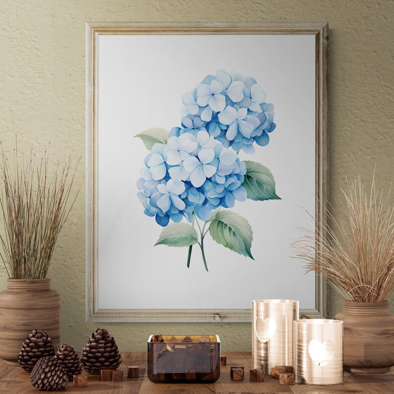 Blue Hydrangea Watercolor Print, Minimalist Floral Wall Art (digital ...