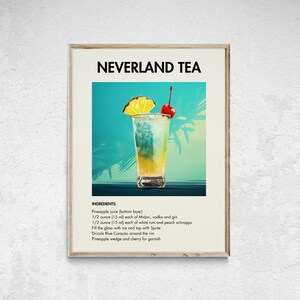 Cóctel de té Neverland imprimible, impresión minimalista de alcohol, póster de cóctel de té Neverland, arte de pared de cóctel, decoración de pared de cóctel, carrito de bar